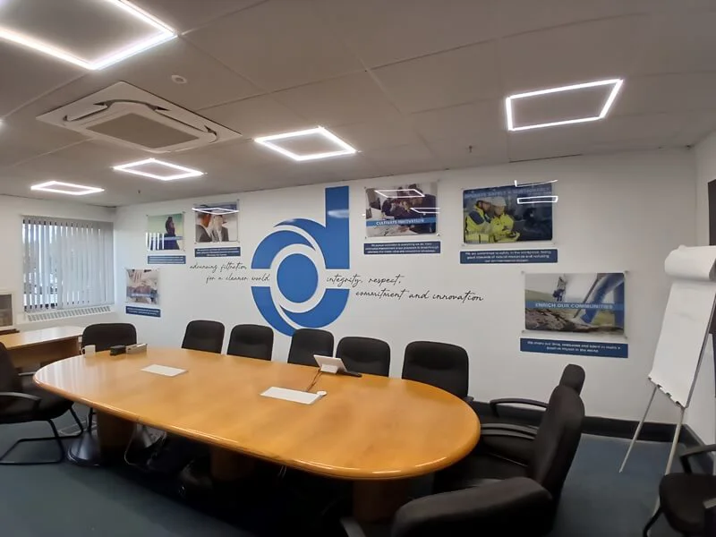 Phase 1 signs and graphics project at Donaldson, Hull. 3D logo with acrylic and foamex panels, as well as wall vinyl lettering.